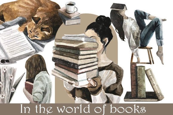 A Girl with a Book Watercolor Clipart Illustrations
