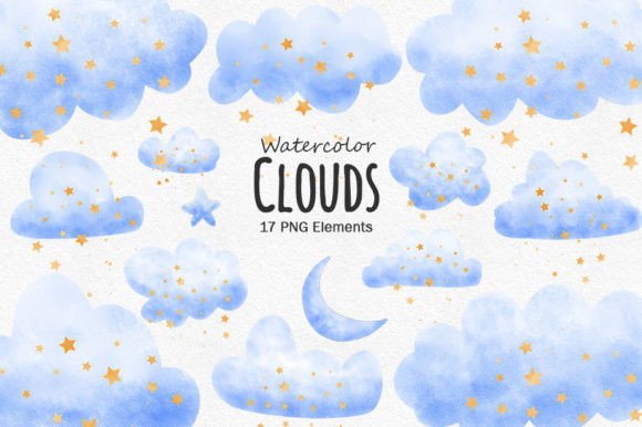 Blue Watercolor Clouds Clipart & Illustrations
