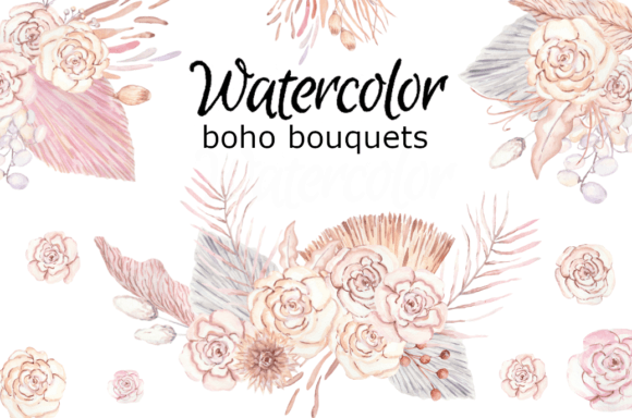 Boho Bouquets Watercolor Clipart & Illustrations