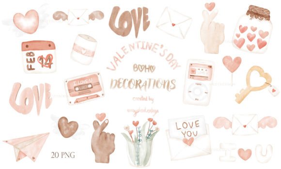 Boho Valentine's Day Watercolor Clipart & Illustrations