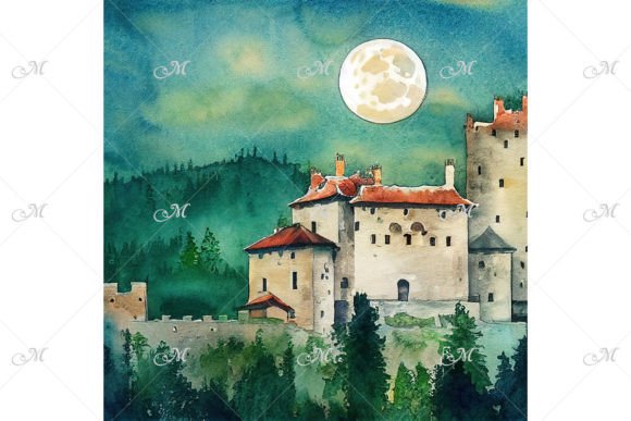 Castle in Green Valley Watercolor Illustrations