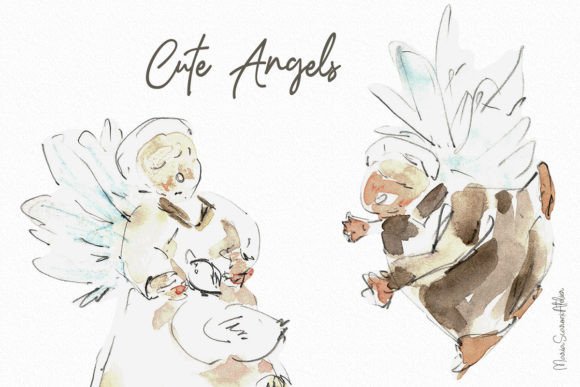 Cute Angels Watercolor Clipart & Illustrations