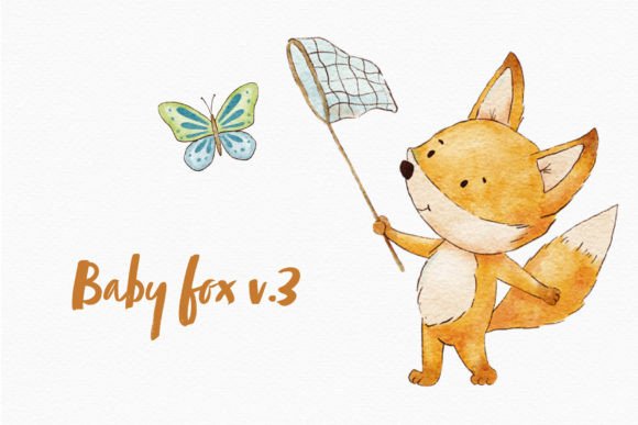Cute Fox Butterfly Watercolor Clipart & Illustrations