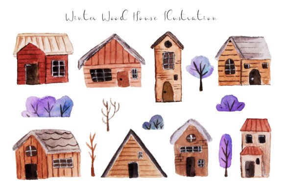 Cute Wooden House and Tree Watercolor Illustrations