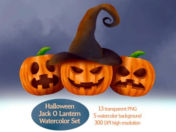 Halloween Jack O Lantern Watercolor Set Illustrations