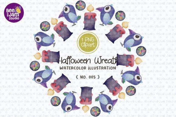 Halloween Wreath Watercolor PNG-005 Illustrations