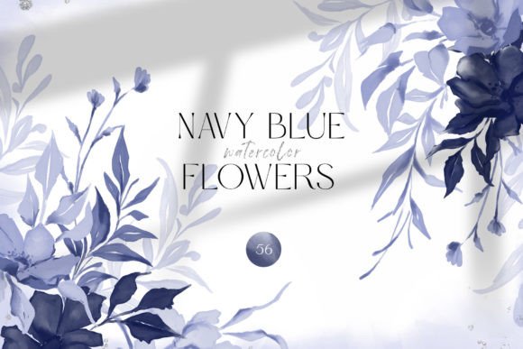 Navy Blue Watercolor Flowers Clip Art & Illustrations