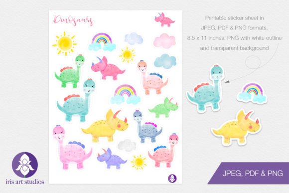Printable Watercolor Dinosaur Stickers & Illustrations