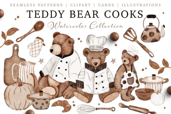 Teddy Bear Cooks Watercolor Clipart Set & Illustrations