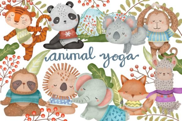 Watercolor Animal Yoga Clipart & Illustrations