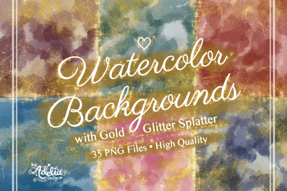 Watercolor Backgrounds with Gold Glitter Illustrations