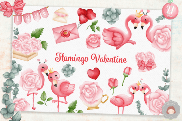 Watercolor Flamingo Valentine and Rose Illustrations