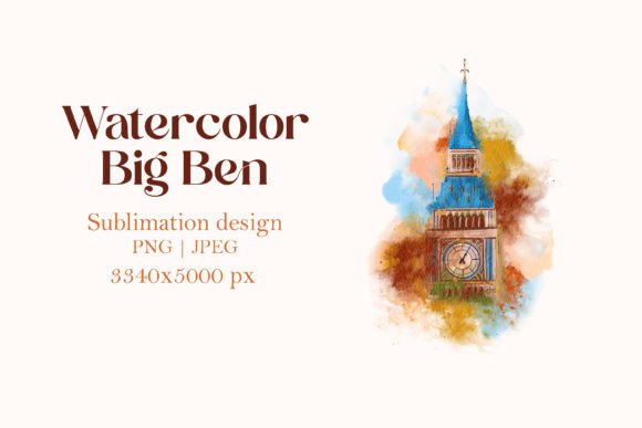 Watercolor London Big Ben Fine Art Paint Illustrations