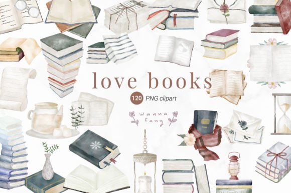Watercolor Love Books Clipart, PNG & Illustrations
