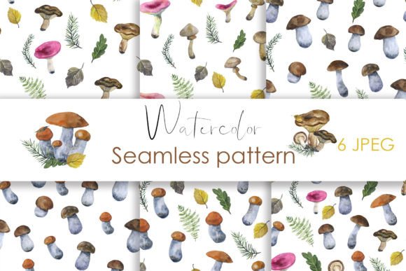 Watercolor Mushrooms Seamless Pattern & Illustrations