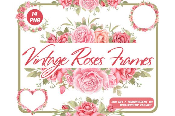 Watercolor Pink Roses Wreaths Clipart & Illustrations