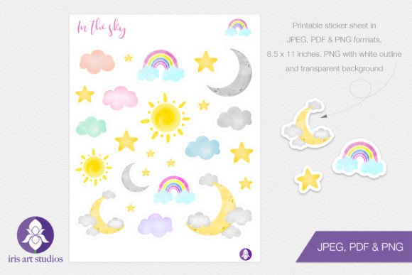 Watercolor Sun Moon Rainbow Stickers & Illustrations