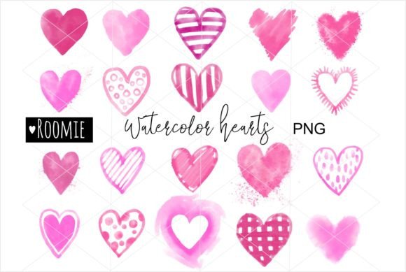 Watercolor Valentine Pink Hearts Love Illustrations