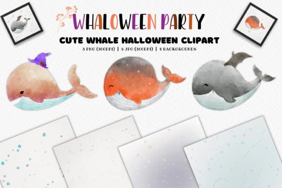 Watercolor Whale Halloween Clipart & Illustrations