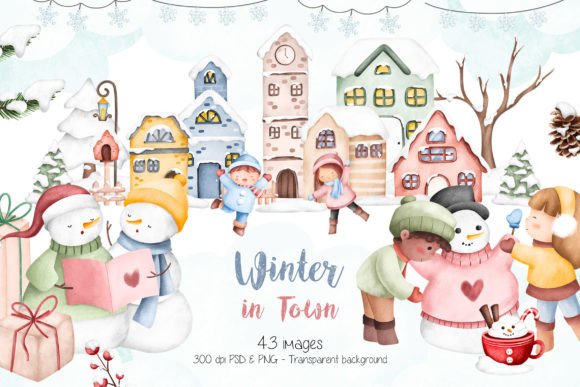 Winter in Town Watercolor Clipart & Illustrations